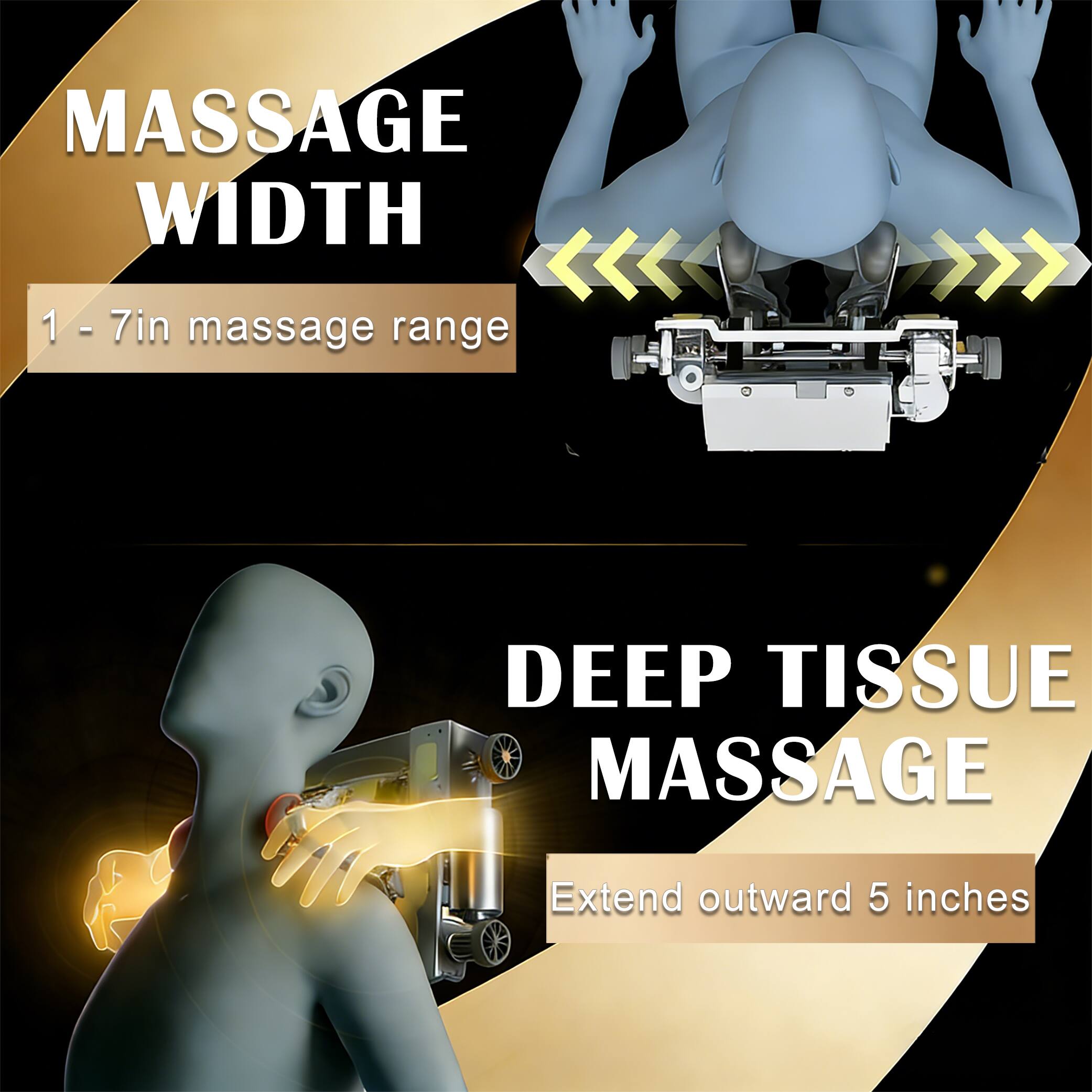 MASSAGE WIDTH  
1 - 7in massage range  

DEEP TISSUE MASSAGE  
Extend outward 5 inches