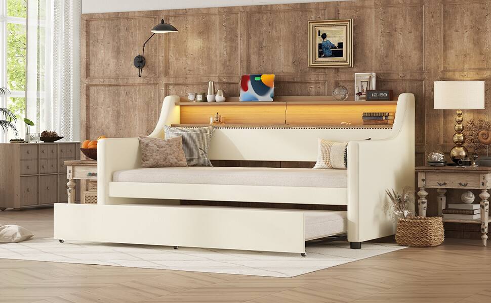 Alt View 1. PexFix - Twin Daybed with Trundle, LED Lights & Charging Station, Upholstered Bed for Guest Room - White.
