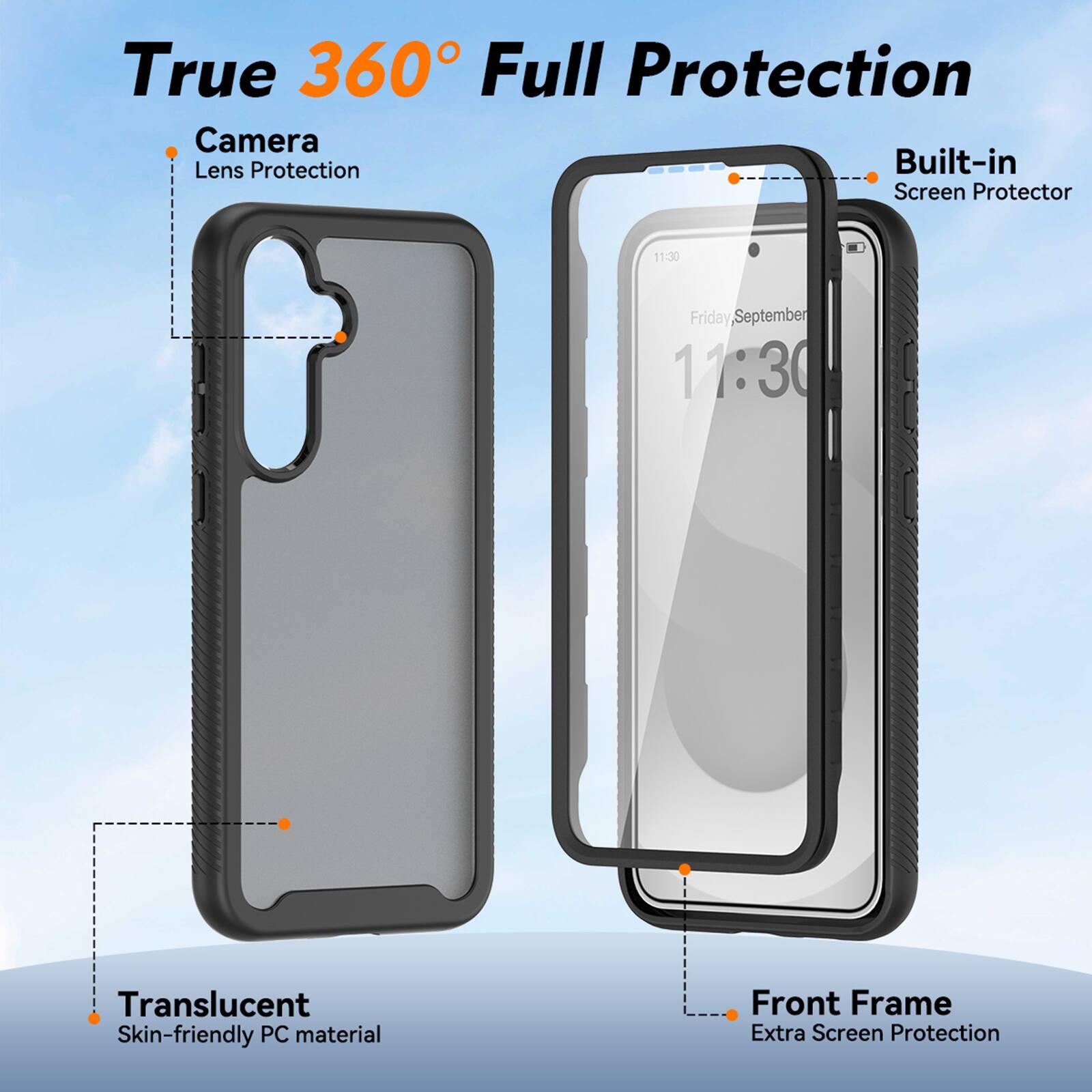 True 360° Full Protection

- Camera Lens Protection
- Built-in Screen Protector
- Translucent Skin-friendly PC material
- Front Frame Extra Screen Protection