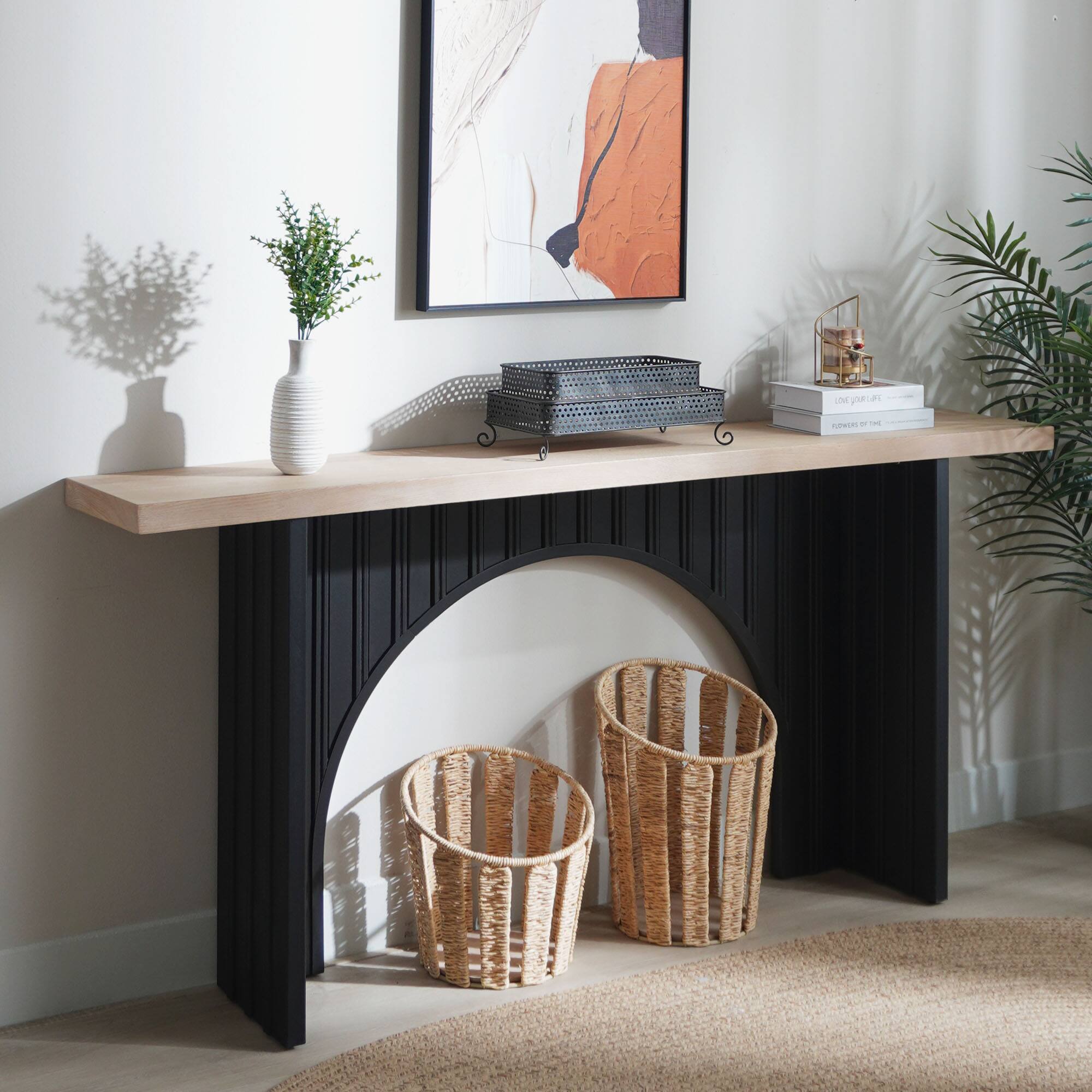 Angle. TinyHomie - Modern Minimalist Console Table with Black Arch Base and Natural Wood Top 66in Length Console Table Wood Table - Black and Natural.