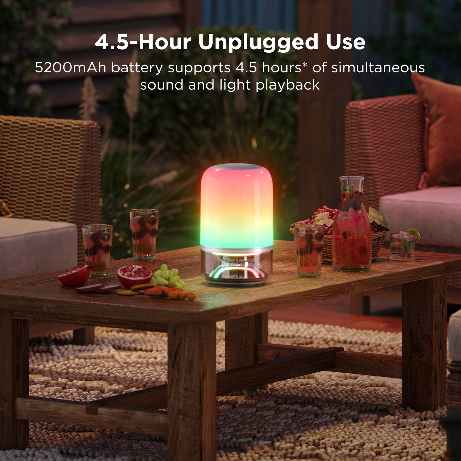 4.5-Hour Unplugged Use

5200mAh battery supports 4.5 hours* of simultaneous sound and light playback