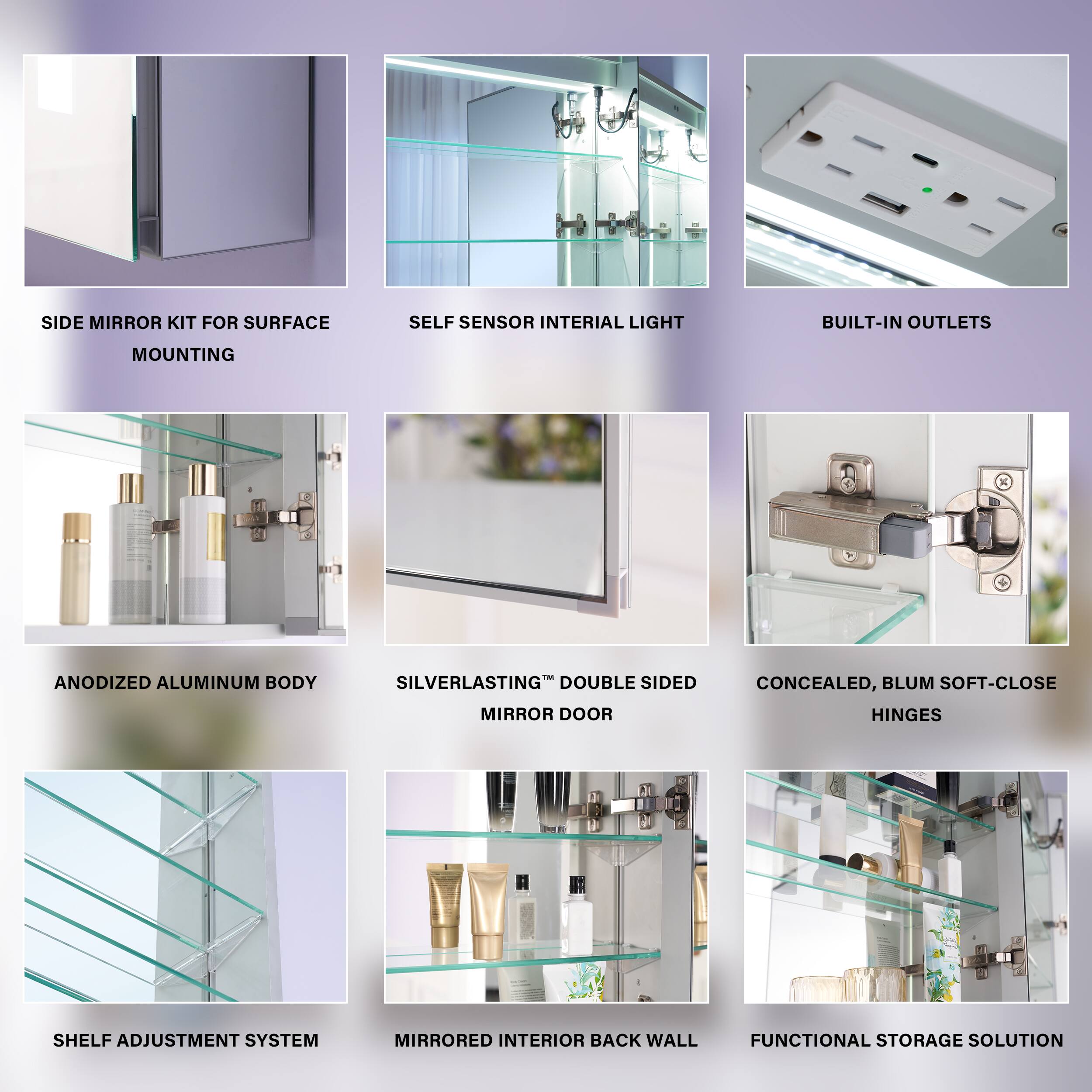 SIDE MIRROR KIT FOR SURFACE SELF SENSOR INTERIAL LIGHT BUILT-IN OUTLETS MOUNTING X ANODIZED ALUMINUM BODY SILVERLASTING™ DOUBLE SIDED CONCEALED, BLUM SOFT-CLOSE MIRROR DOOR HINGES SHELF ADJUSTMENT SYSTEM MIRRORED INTERIOR BACK WALL FUNCTIONAL STORAGE SOLUTION