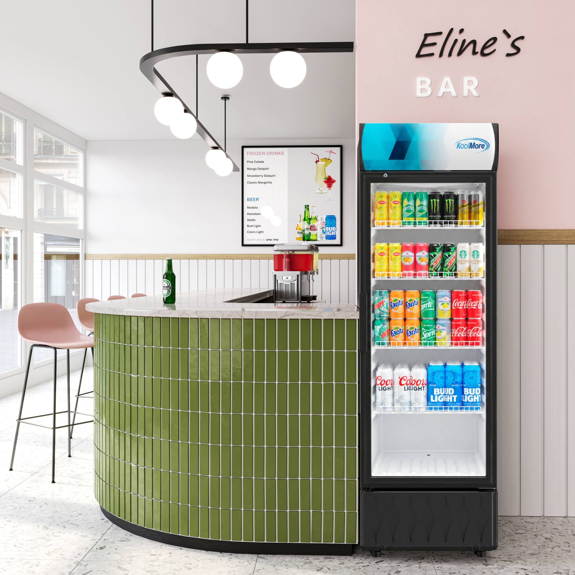 Eline's BAR

FROZEN DRINKS
- Mango Daiquiri
- Strawberry Daiquiri
- Classic Margarita
- White Russian
- Mojito
- Sex on the Beach

BEER
- Stella
- Shella
- Bud Light
- Bud Light

SOFT DRINKS
- Fanta
- Coca-Cola
- Sprite
- Coors Light
- Bud Light