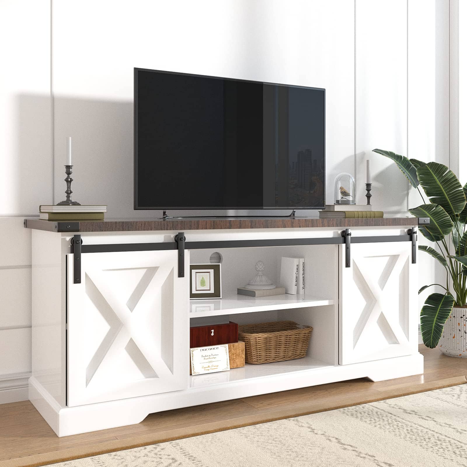 Lent Glitter Wood - Farmhouse Barn Door TV Stand for up to 65" TVs & 23" Electric Fireplace, Entertainment Center Console Table with Adjusta - White