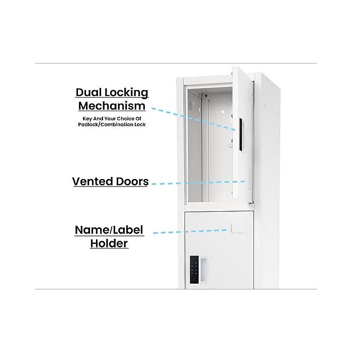 Dual Locking Mechanism: Key And Your Choice of Padlock/Combination Lock
Vented Doors
Name/Label Holder