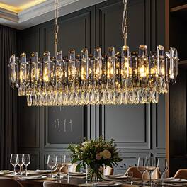 Siljoy - 39.4" 15-Light Luxury Linear Crystal Island Chandelier Antique Brass Adjustable Ceiling Light for Bedroom Foyer - Gold