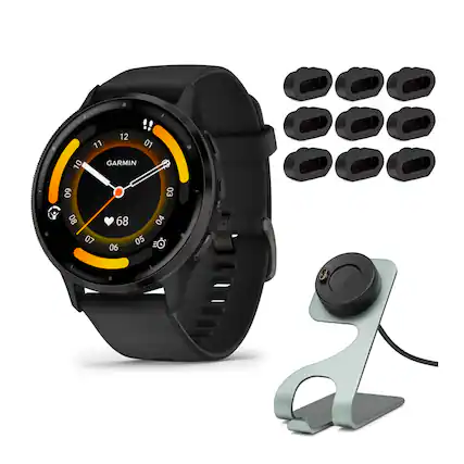 Front. Garmin - Garmin Venu 3 Smartwatch (Slate/Black) with Charging Stand and Port Plugs - Black.