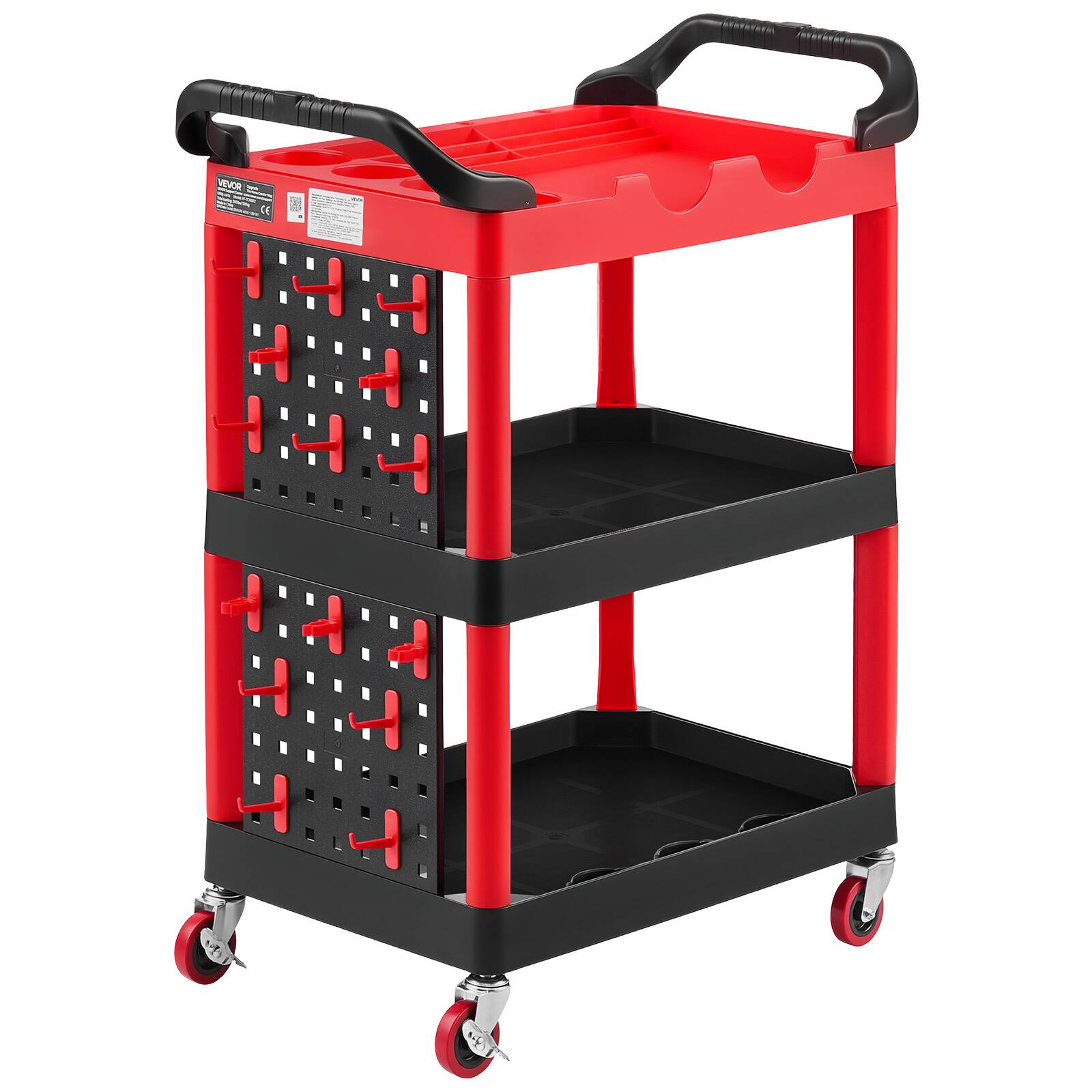 Alt View 5. VEVOR - Utility Cart, 300 lbs Capacity, 3 Tier Service Cart with 360° Swivel Wheels (2 with Brakes), Heavy Duty Plastic Rolling - Red;Black.