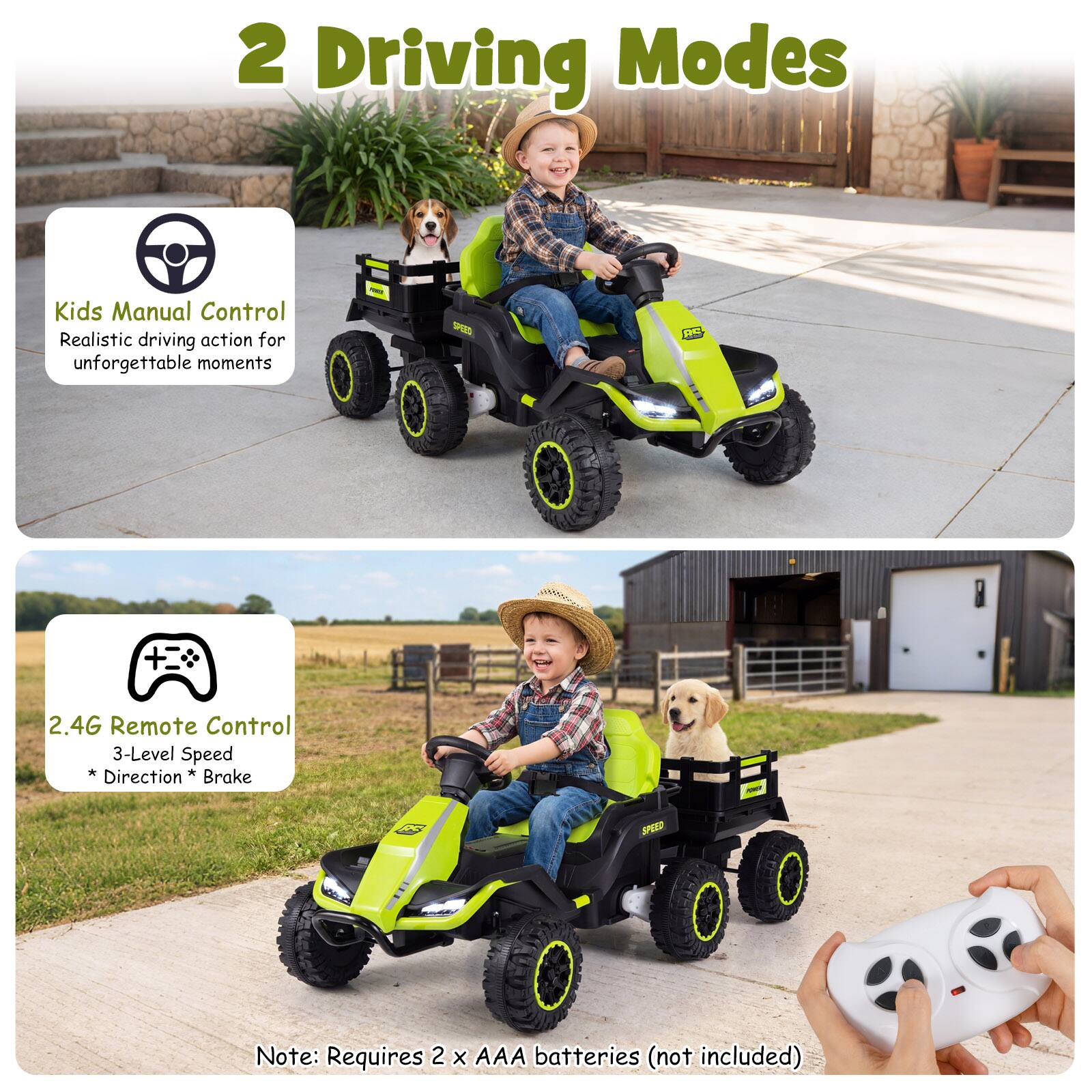 2 Driving Modes

Kids Manual Control  
Realistic driving action for unforgettable moments

2.4G Remote Control  
3-Level Speed  
* Direction * Brake

Note: Requires 2 x AAA batteries (not included)