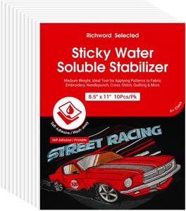Poolin - Richword Printable 10PCS Sticky Water-Soluble Embroidery Stabilizer Sheets 8.5" x 11" Wash Away Embroidery Paper