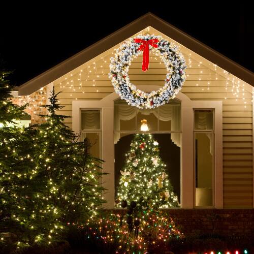 Alt View 4. Winado - Christmas Pre-lit Snow Flocked 60in Wreath with LED Lights, DIY Ornaments for Indoor Outdoor Holiday Party Decorations - Snowy Green.