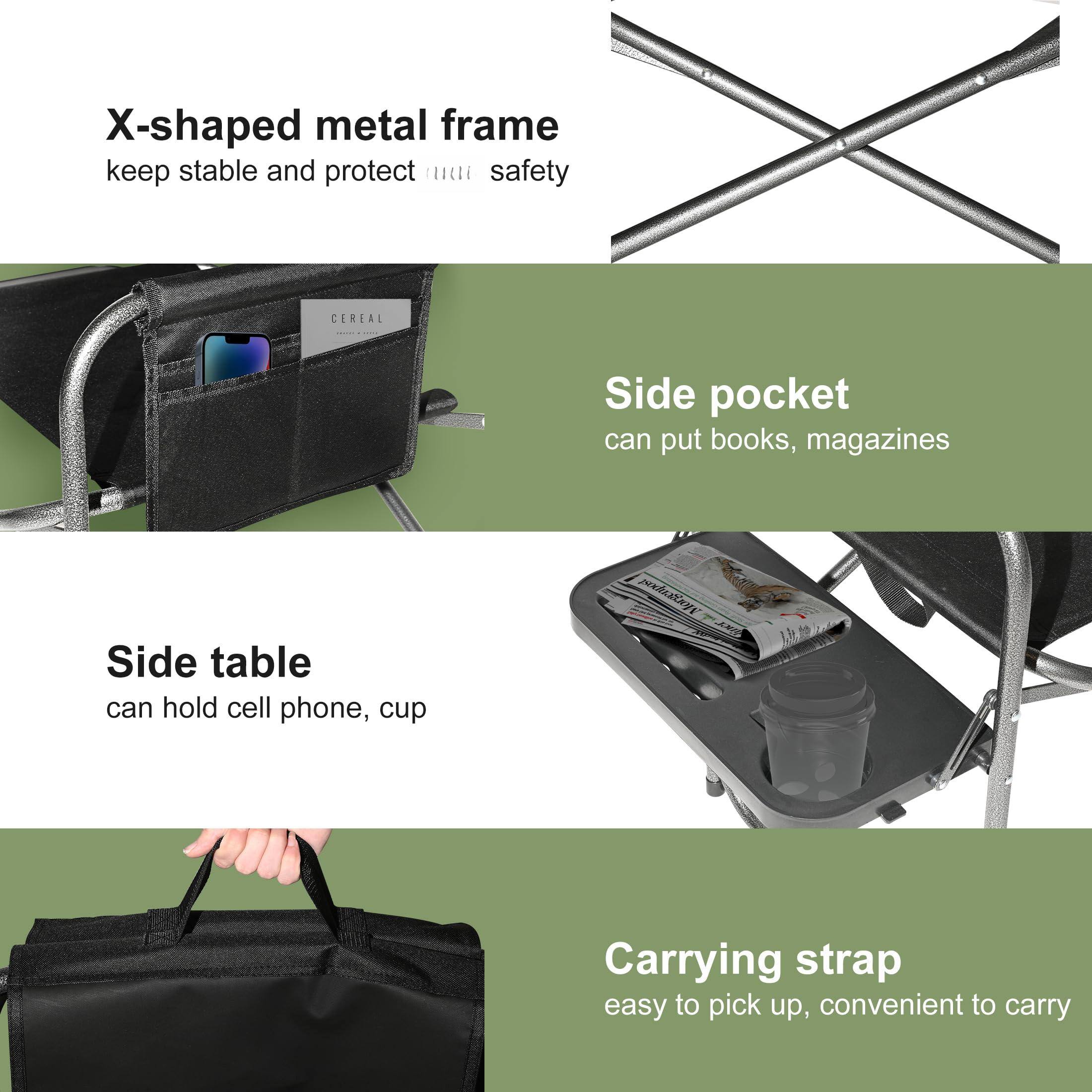 - X-shaped metal frame  
  keep stable and protect your safety

- Side pocket  
  can put books, magazines

- Side table  
  can hold cell phone, cup

- Carrying strap  
  easy to pick up, convenient to carry