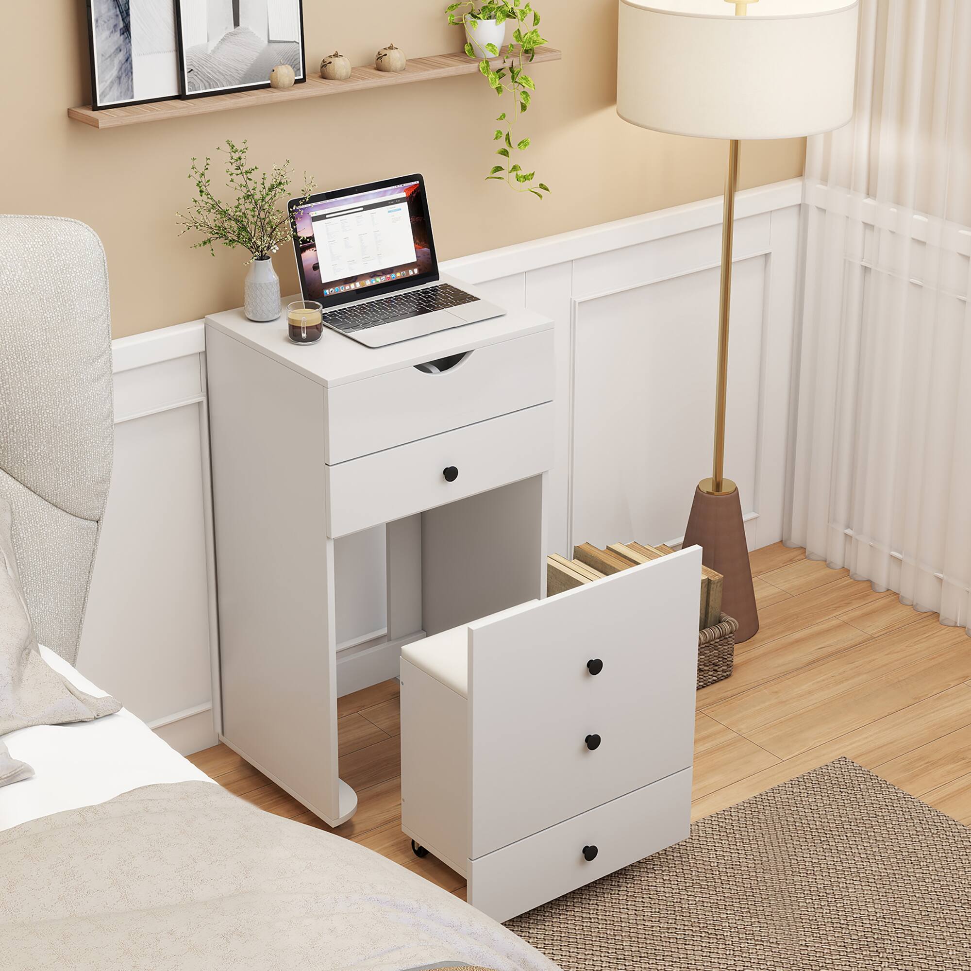 Alt View 4. Gymax - Gymax Vanity Table Set Adjustable Flip-up LED Mirror Large Storage Movable Casters - White.