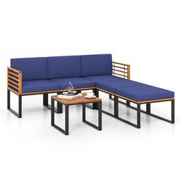 Kadyn - 5-Piece Patio Acacia Wood Chair Set, Outdoor Furniture Garden Conversation Sets with Ottomans and Coffee Table-Navy - Blue