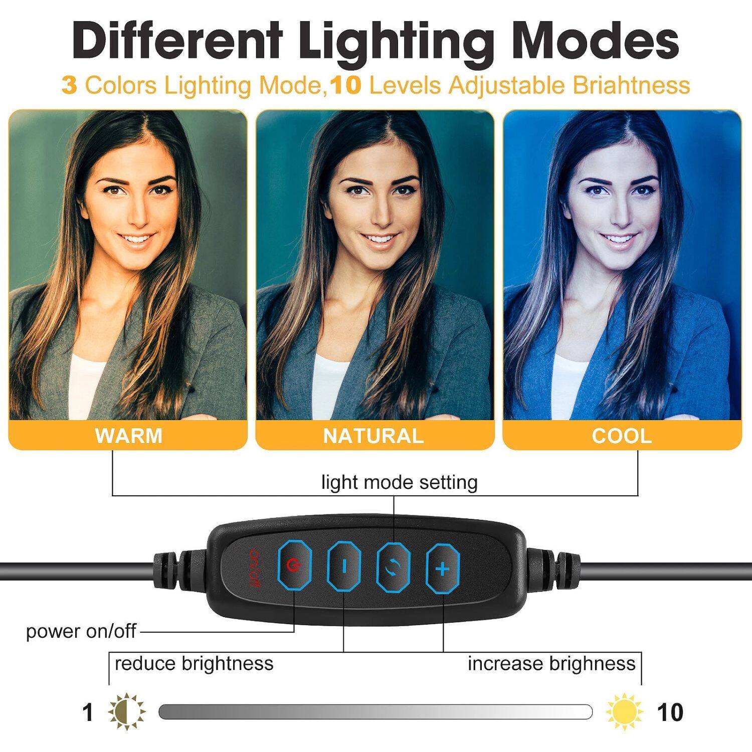 Different Lighting Modes

3 Colors Lighting Mode, 10 Levels Adjustable Brightness

WARM NATURAL COOL

light mode setting

power on/off

reduce brightness increase brightness

1 10