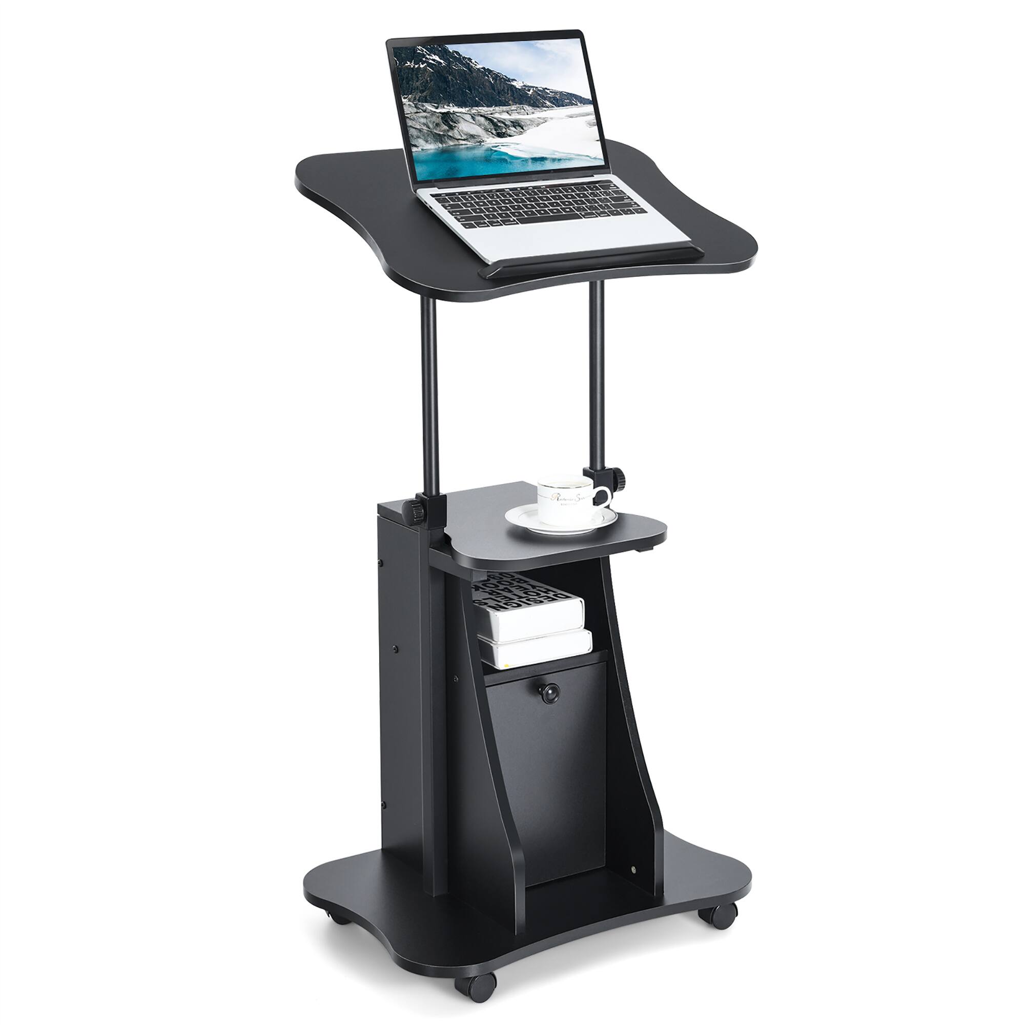 Costway - Height Adjustable Standing Desk Mobile Podium Cart w/Tilt Desktop & Door Cabinet - Black