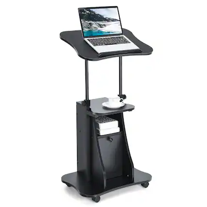 Front. Costway - Costway Height Adjustable Standing Desk Mobile Podium Cart w/Tilt Desktop & Door Cabinet - Black.