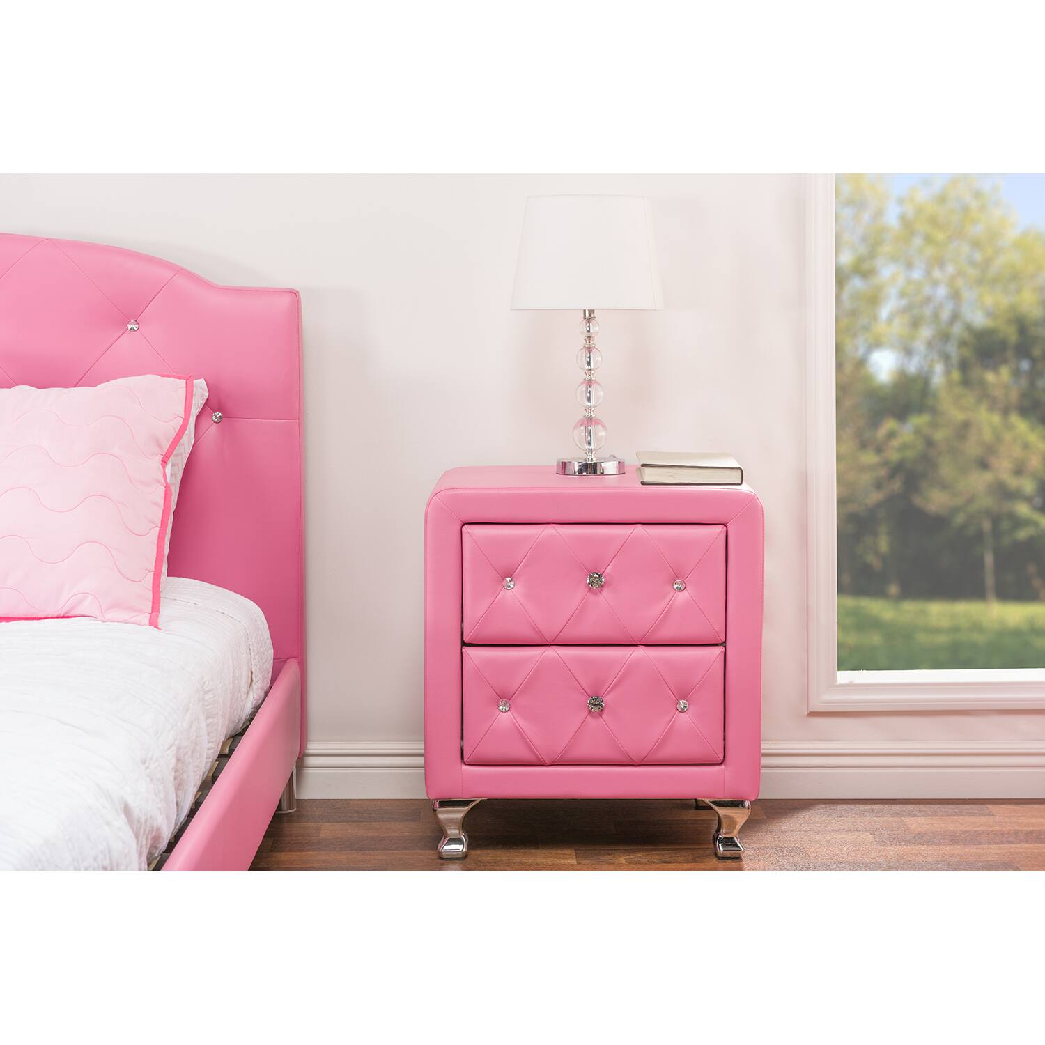 Back. Baxton Studio - Stella Crystal Tufted Leather Modern Nightstand - Pink.