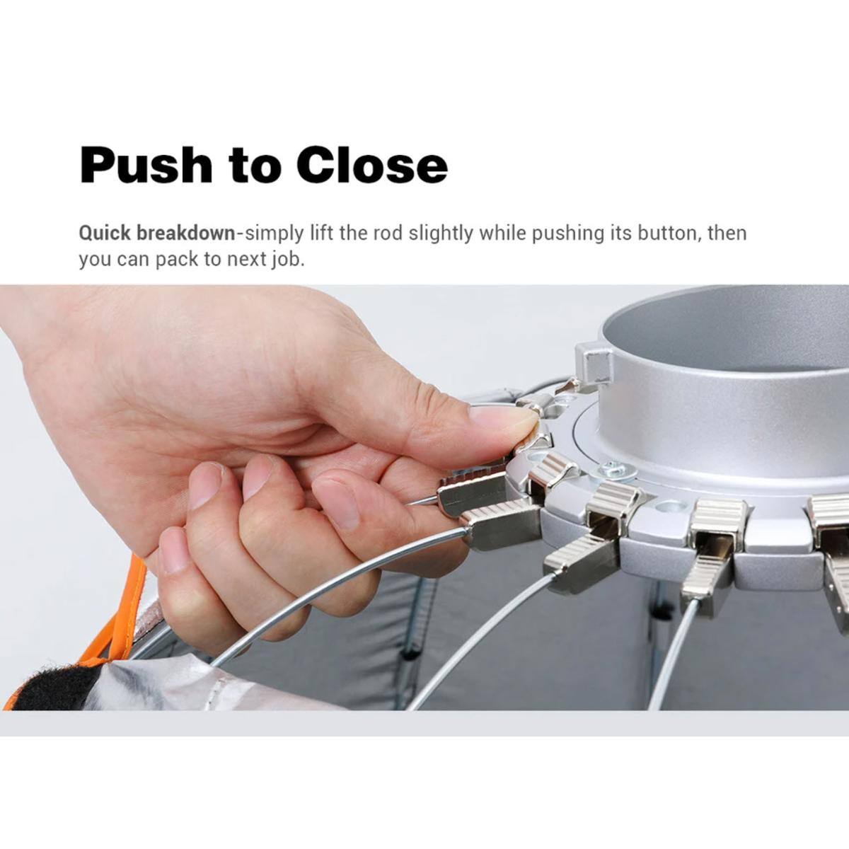 Push to Close

Quick breakdown-simply lift the rod slightly while pushing its button, then you can pack to next job.
