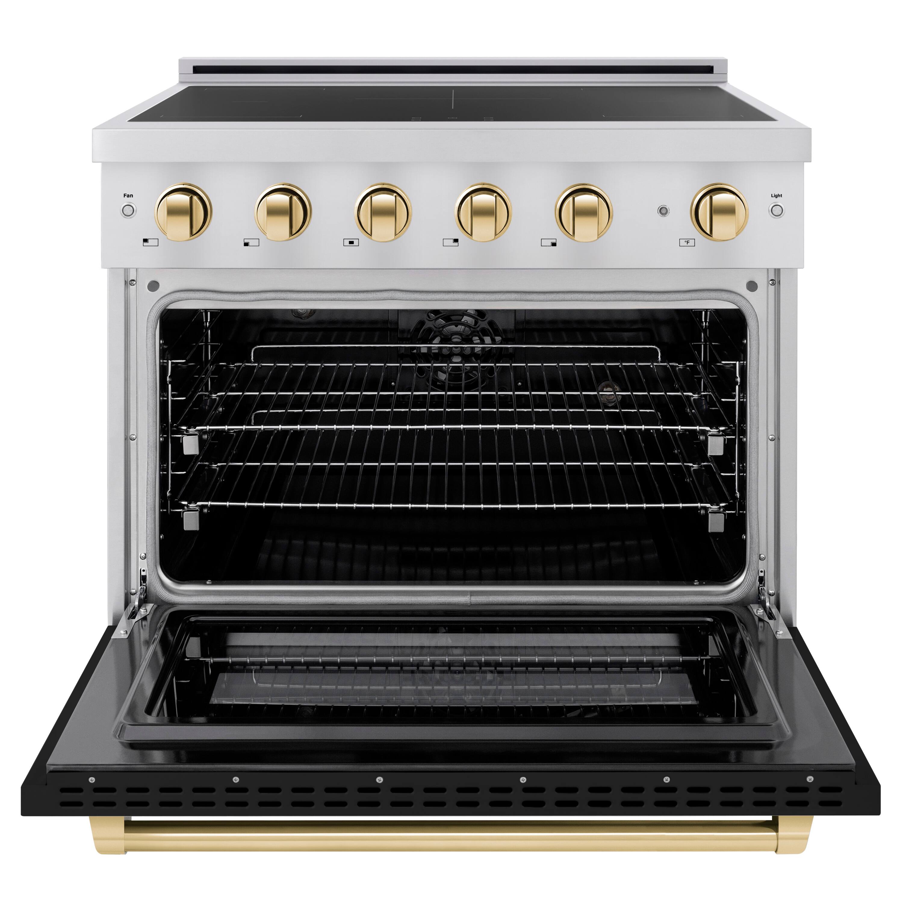 Angle. ZLINE - Autograph 36 in. 5.2 cu. ft. Paramount Freestanding Induction Range with 5 Burners and Gold Accents with Black Door - Matte Black.