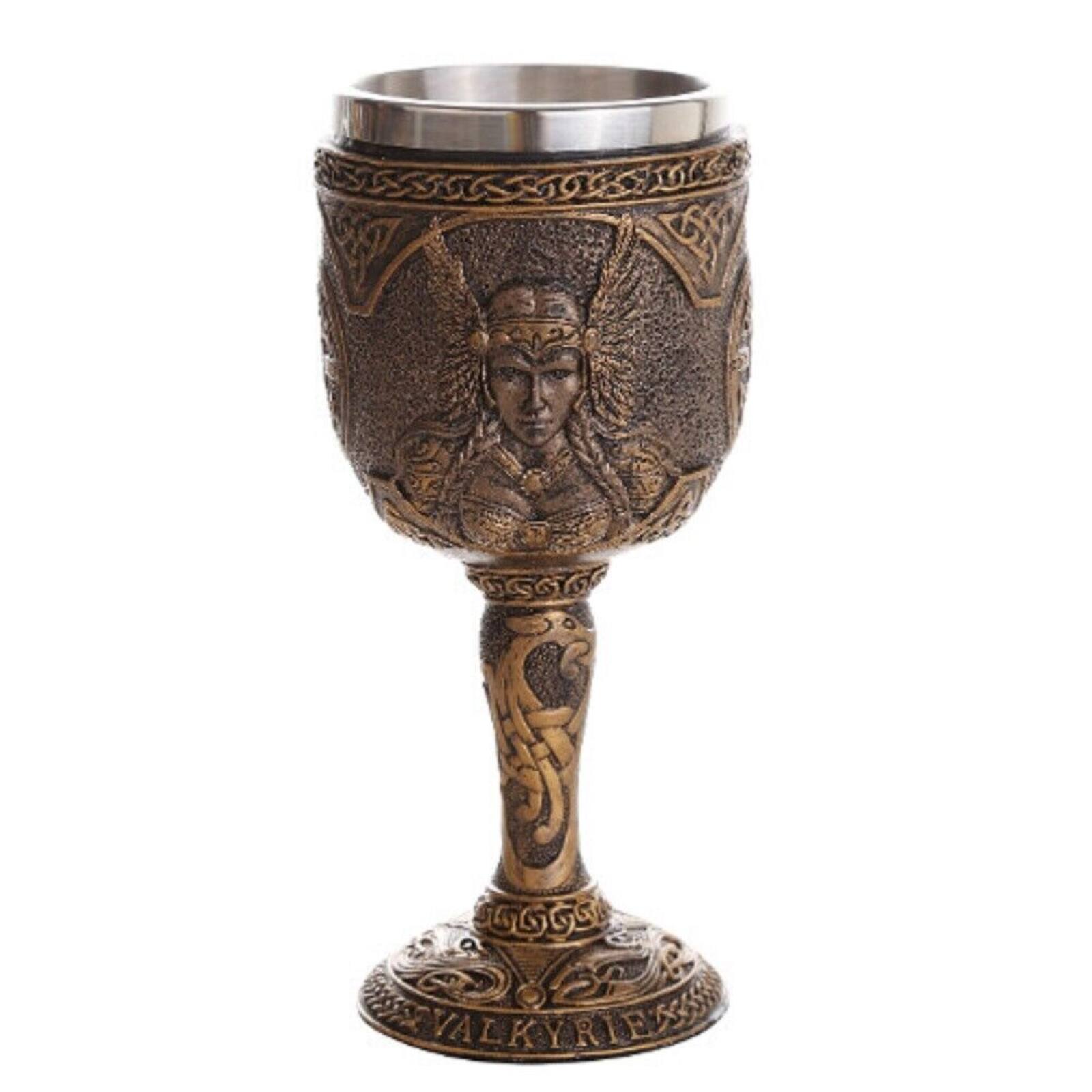 Front. Pacific Trading - Norse Mythology Valhalla Warriors Valkyrie Wine Goblet Chalice Resin Body Stainless Steel Cup 7 ounce - Bronze.