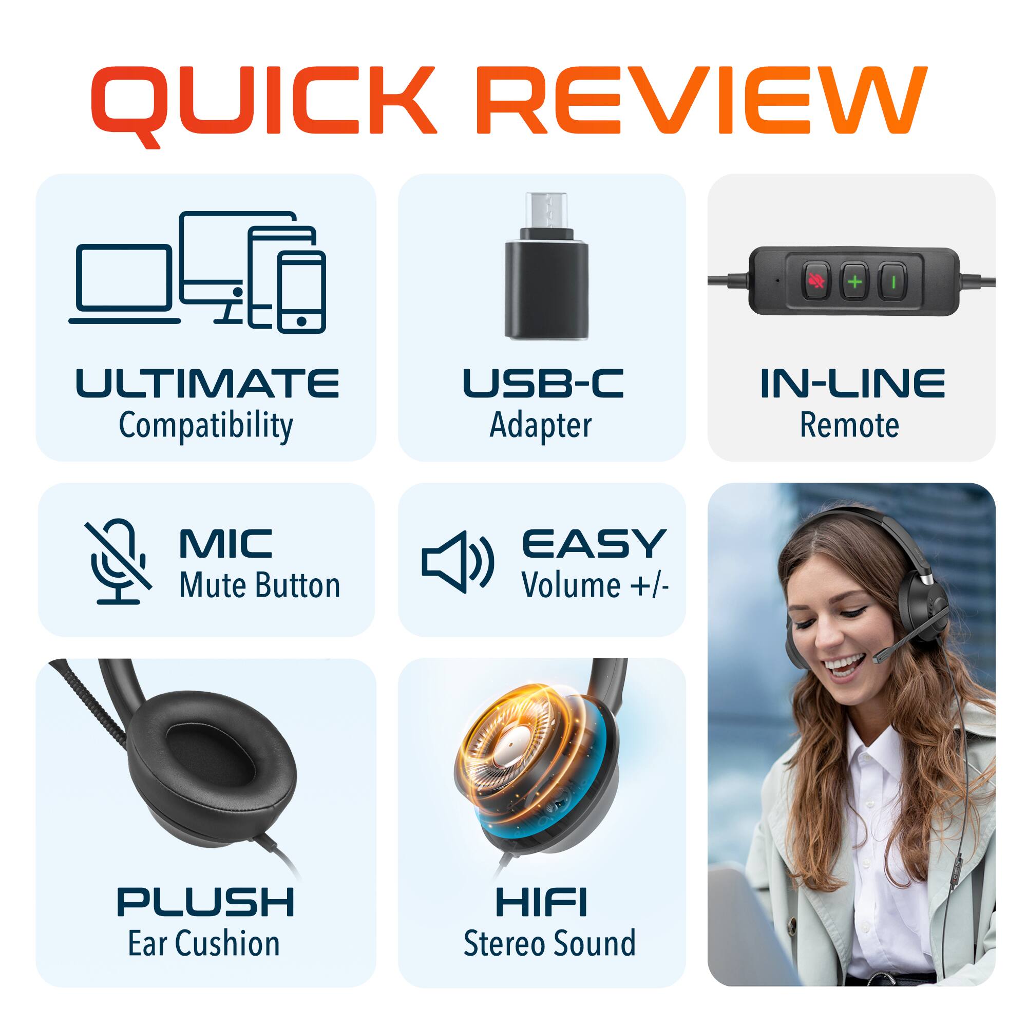 QUICK REVIEW
ULTIMATE Compatibility
USB-C Adapter
IN-LINE Remote
MIC Mute Button
EASY Volume +/-
PLUSH Ear Cushion
HIFI Stereo Sound