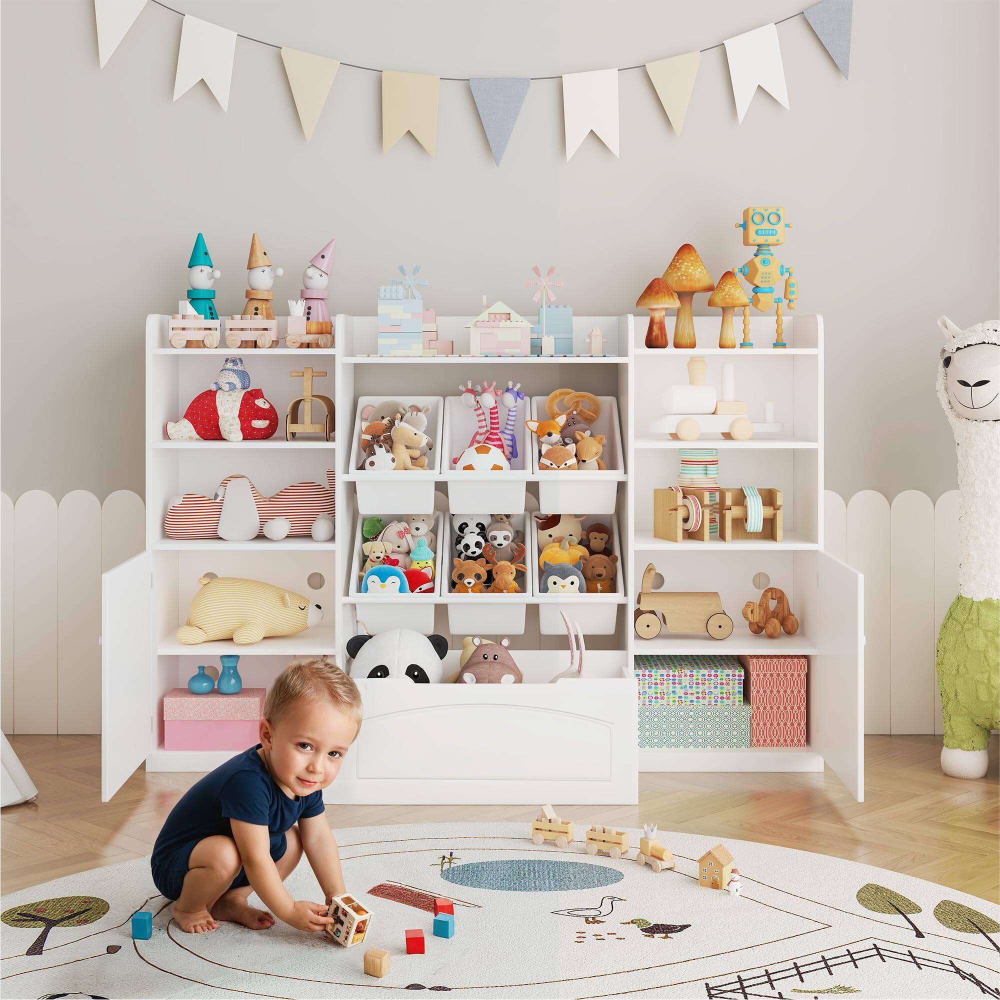 Front. Qeetex - Kids Toy Storage Organizer with 6 Bins & 6 Cubbies, Multifunctional Bookshelf and Toy Cabinet for Playroom - White.