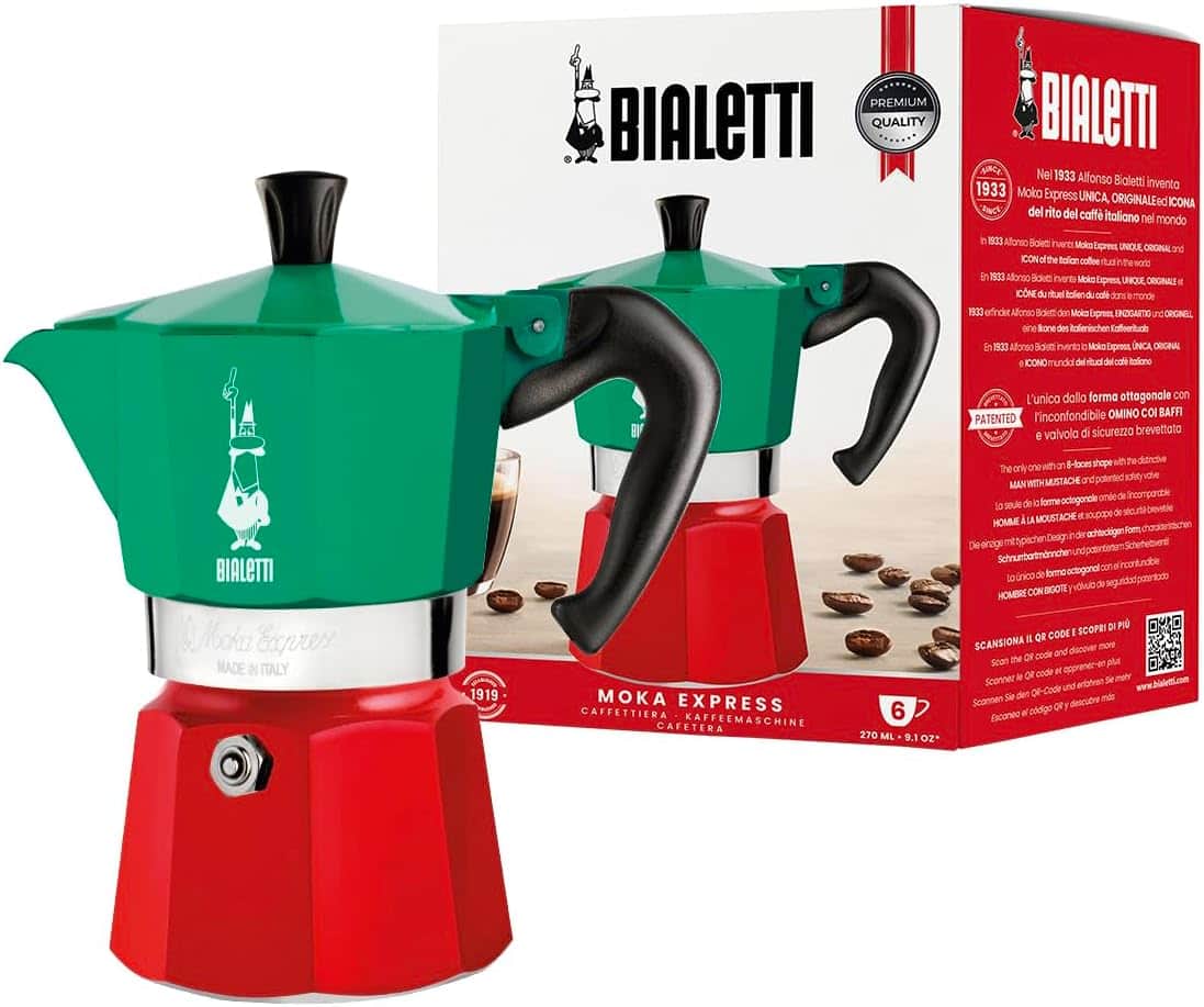 Bialetti - Moka Express Italia Collection: Iconic Stovetop Espresso Maker Moka Pot 6 Cups(9 Oz - 270 Ml) - Red, Silver, Green