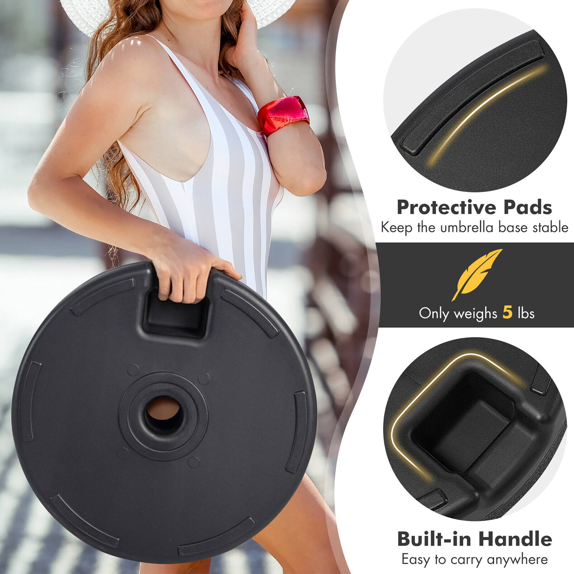 Protective Pads  
Keep the umbrella base stable  

Only weighs 5 lbs  

Built-in Handle  
Easy to carry anywhere