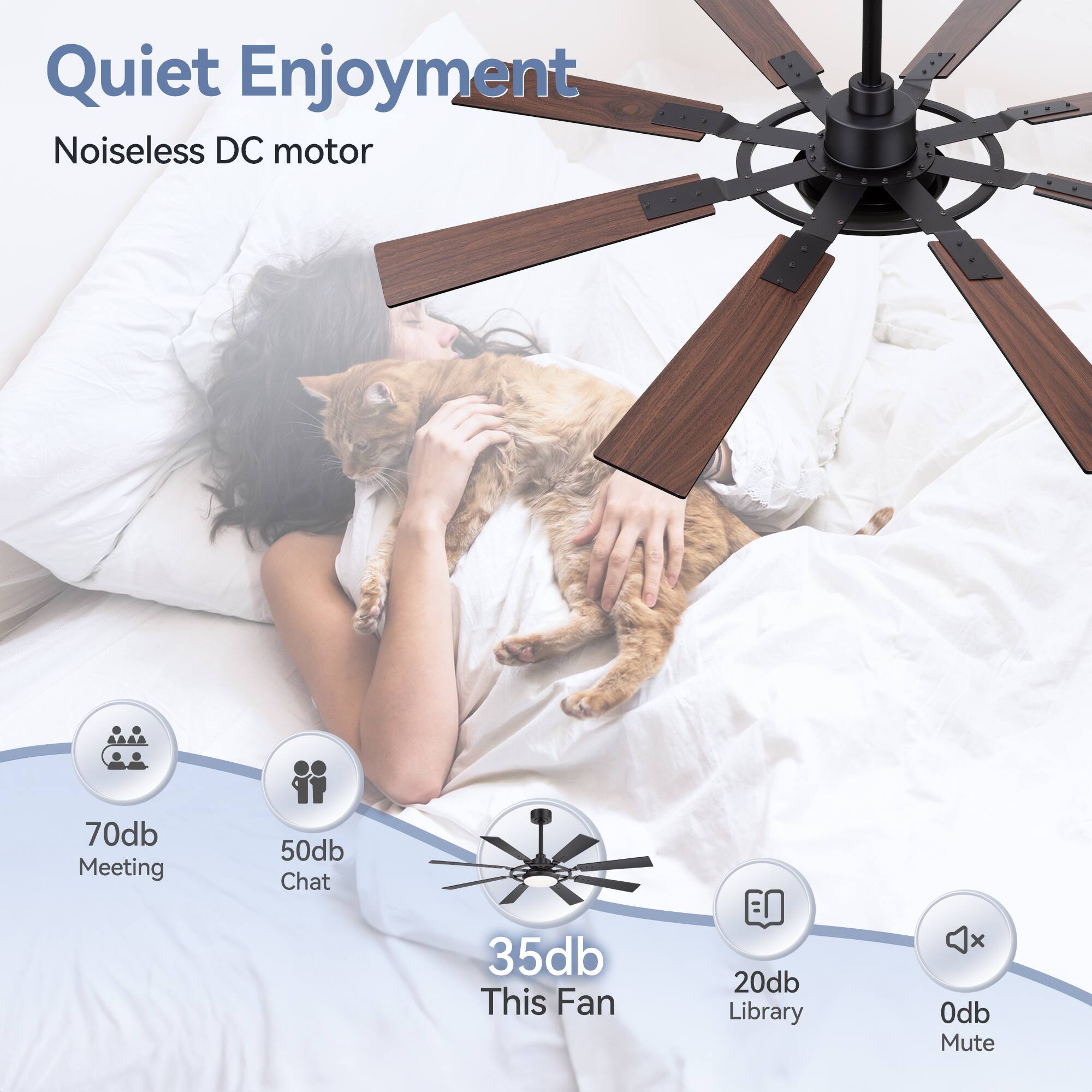 Quiet Enjoyment, Noiseless DC motor, 70db Meeting, 50db Chat, 35db This Fan, 20db Library, 0db Mute