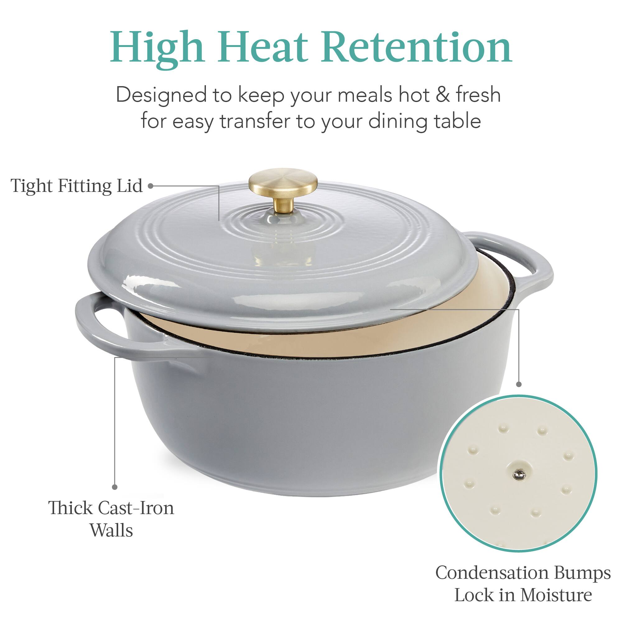 High Heat Retention  
Designed to keep your meals hot & fresh for easy transfer to your dining table  

- Tight Fitting Lid  
- Thick Cast-Iron Walls  
- Condensation Bumps Lock in Moisture