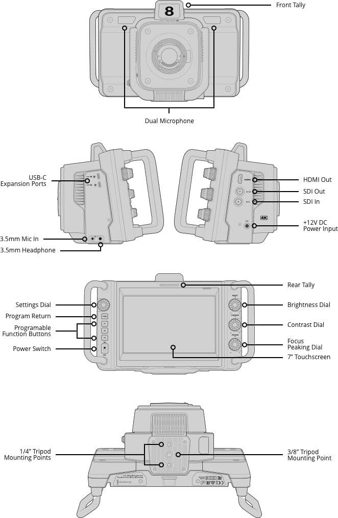 8 Front Tally USB-C Expansion Ports  
3.5mm Mic In  
3.5mm Headphone  
Dual Microphone  
4K HDMI Out  
SDI Out  
SDI In  
+12V DC Power Input  
Rear Tally  
Settings Dial  
Program Return  
Programable Function Buttons  
Power Switch  
Brightness Dial  
Contrast Dial  
Focus Peaking Dial  
7" Touchscreen  
1/4" Tripod Mounting Points  
3/8" Tripod Mounting Point