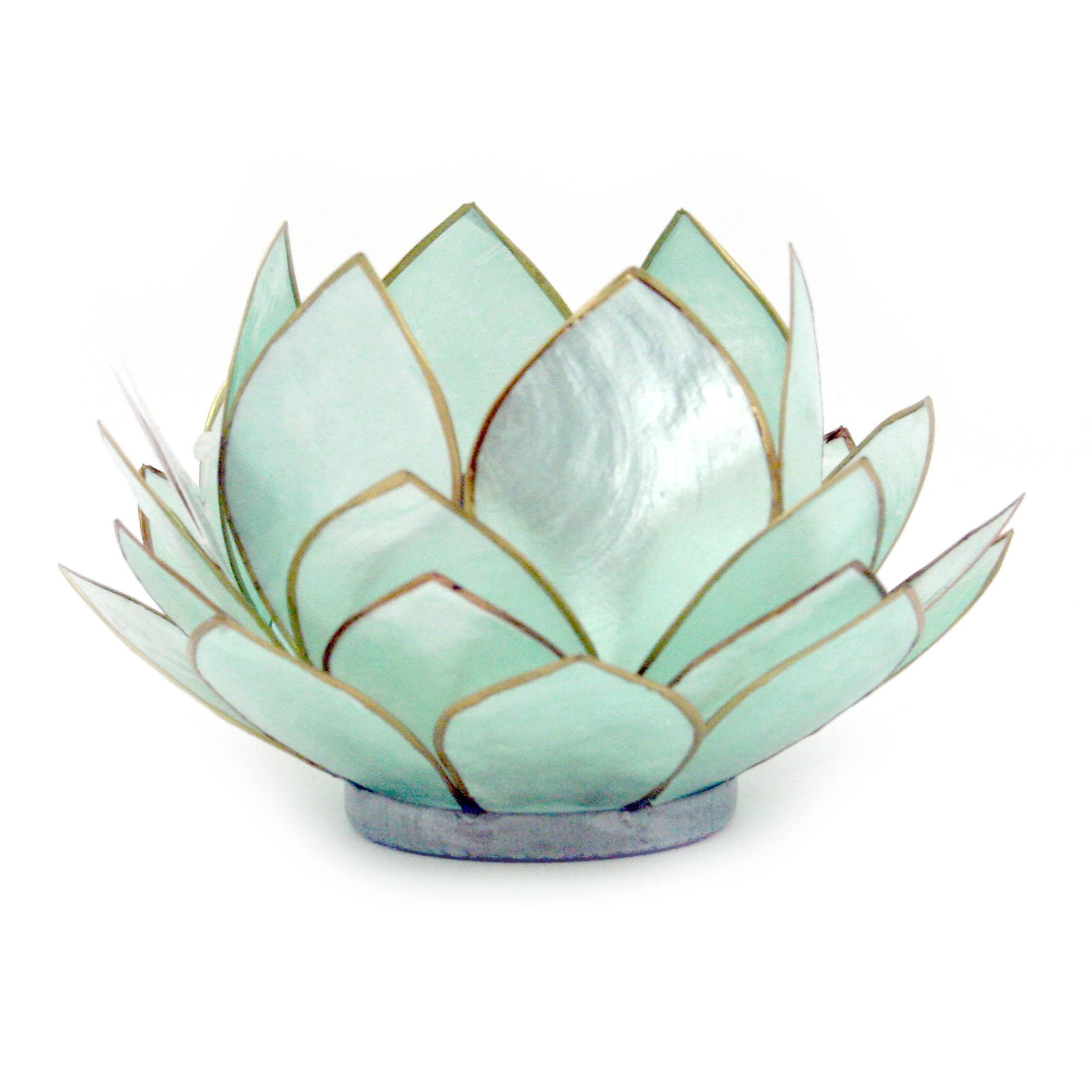 Front. Contrast Inc. - Turquoise Blue Capiz Shell Opening Lotus Flower Bulb Tealight Candle Holder - Teal.