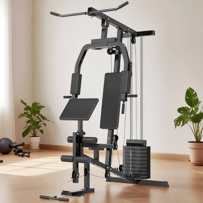 Back. SKONYON - Home Gym System with 99 lb Weight Stack - Black.