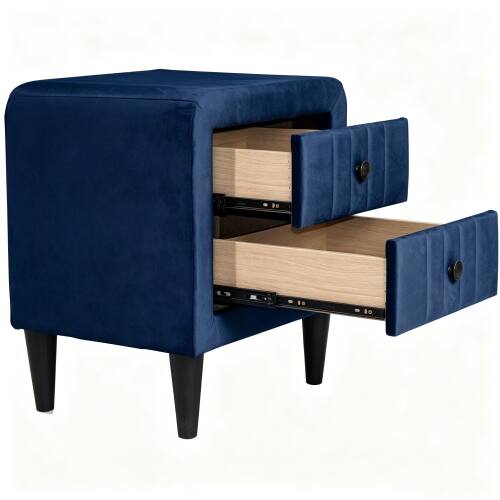 Alt View 1. LUCKY ONE - 20" Assembled Velvet Nightstand 2-Drawer Navy Blue Tapered Legs - Navy Blue.