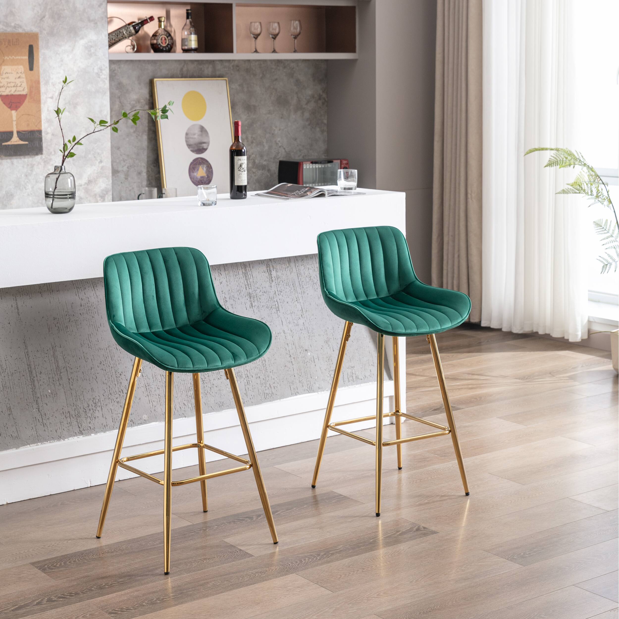 Alt View 2. Trinkets Crazed - Velvet Bar Stools Set of 2, 26 Inch Modern Barstools with Back&Gold Legs, Counter Height Stools for Kitchen Island - Green.