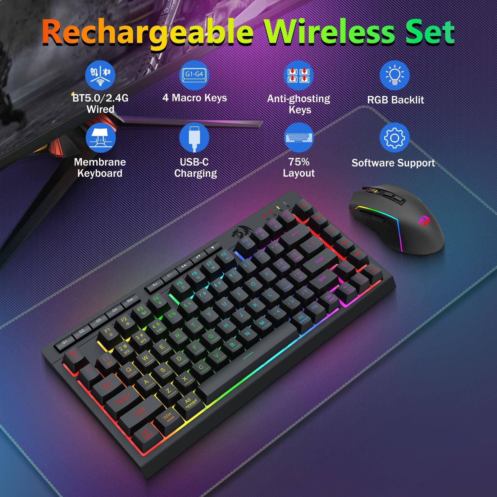 Rechargeable Wireless Set

- BT5.0/2.4G Wired
- 4 Macro Keys
- Anti-ghosting Keys
- RGB Backlit
- Membrane Keyboard
- USB-C Charging
- 75% Layout
- Software Support
- G1-G4