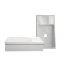 Whitehaus - Farmhaus Fireclay Quatro Alcove Large Reversible Sink with Integral Drainboard and Decorative 2 ½" Lip on Both Sides - White
