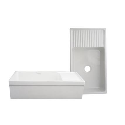Front. Whitehaus - Farmhaus Fireclay Quatro Alcove Large Reversible Sink with Integral Drainboard and Decorative 2 ½" Lip on Both Sides - White.