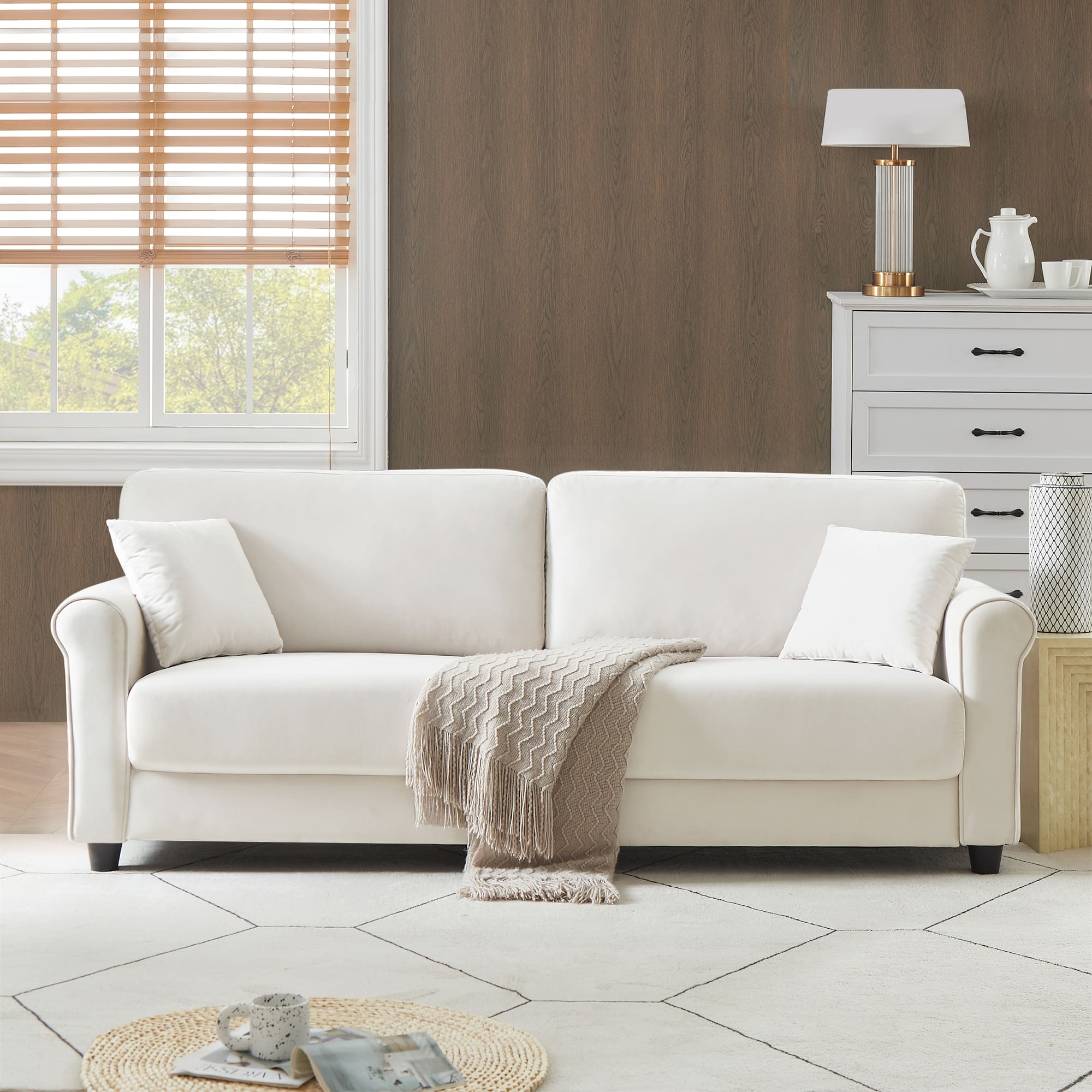 Electra Tech Xpress - FREEHOMAE-Modren 82.48'' Velvet Fabric Couch, 3 Seater Sofa, Big Loveseat for Living Room - BeigeWhite