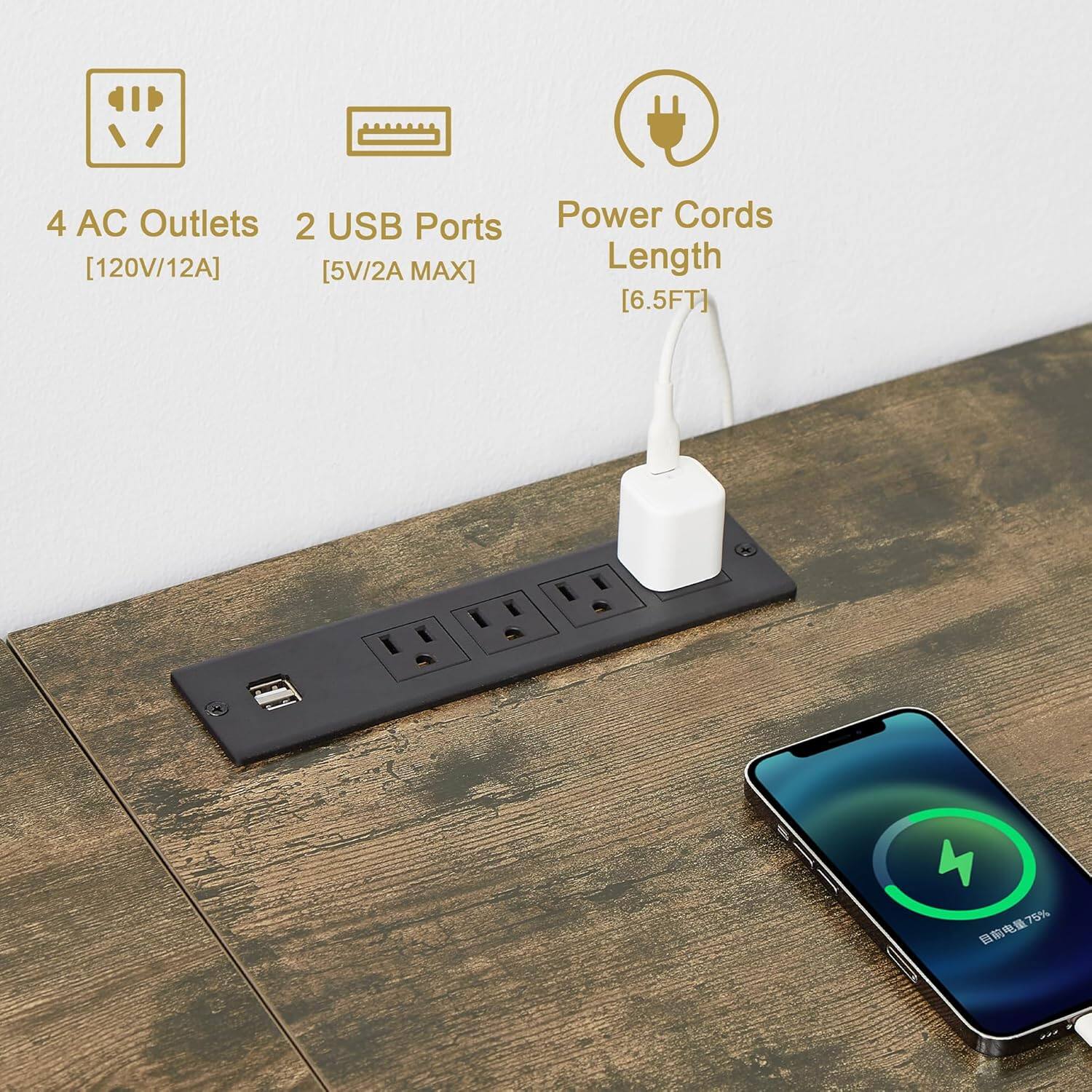 4 AC Outlets  
[120V/12A]  

2 USB Ports  
[5V/2A MAX]  

Power Cords Length  
[6.5FT]