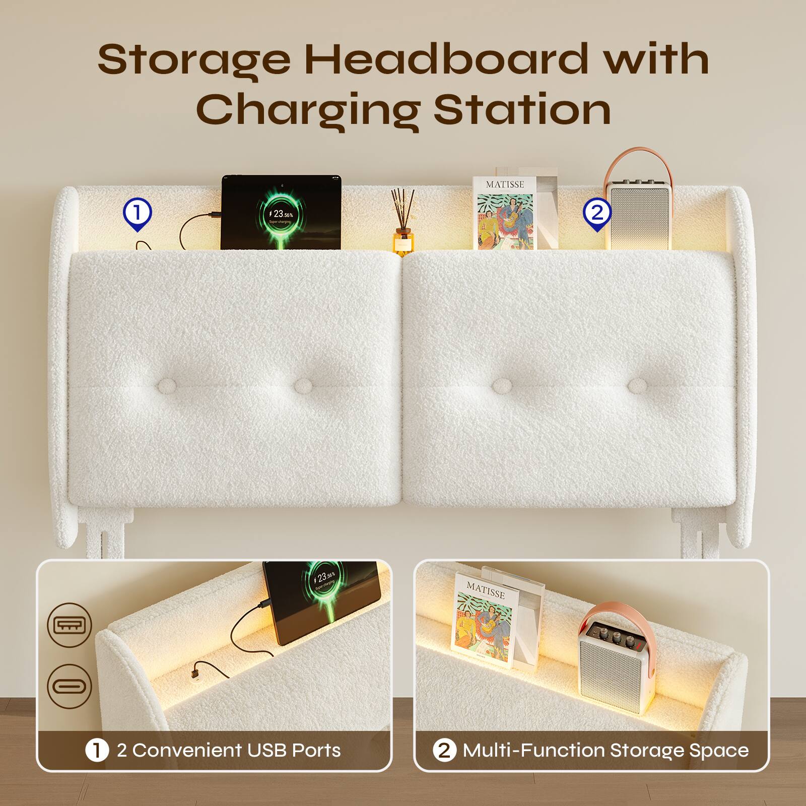 Storage Headboard with Charging Station MATISSE 1 - 23M 1 a 2 23 MATISSE 1 2 Convenient USB Ports 2 Multi-Function Storage Space