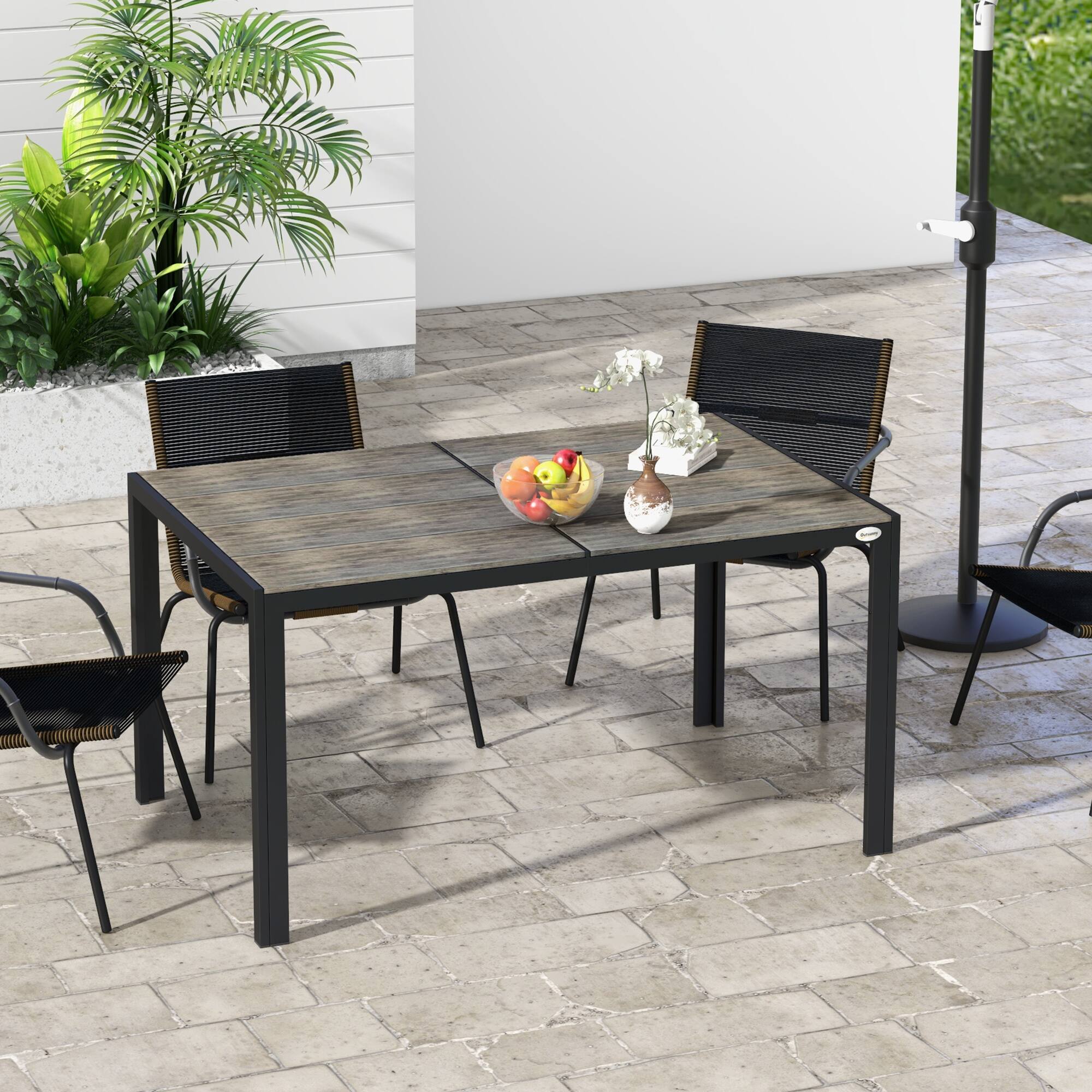 Alt View 1. Outsunny - Outdoor Dining Table for 6 People, Aluminum Rectangular Patio Table with Faux Wood Tabletop for Backyard - Gray.