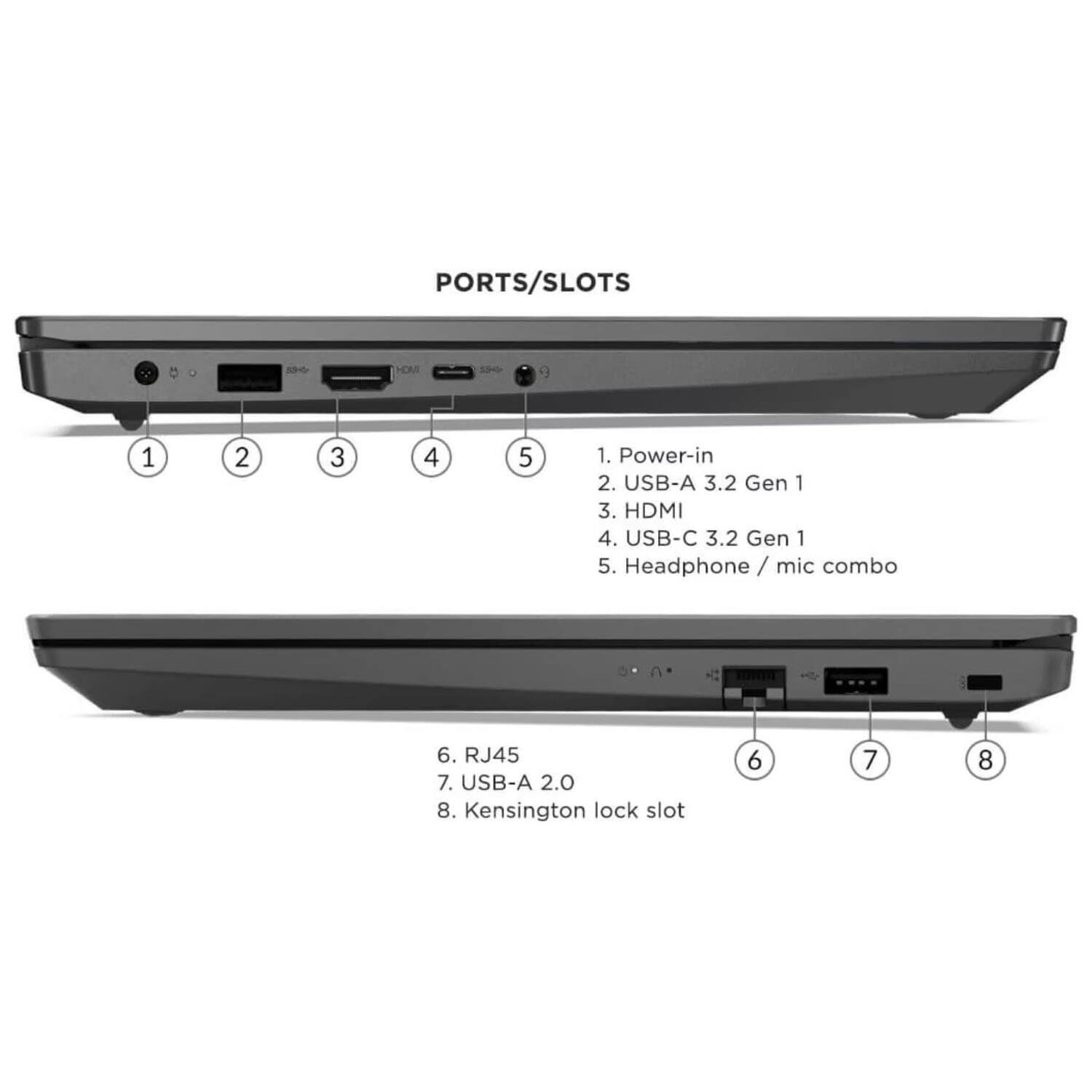 PORTS/SLOTS

1. Power-in  
2. USB-A 3.2 Gen 1  
3. HDMI  
4. USB-C 3.2 Gen 1  
5. Headphone / mic combo  
6. RJ45  
7. USB-A 2.0  
8. Kensington lock slot