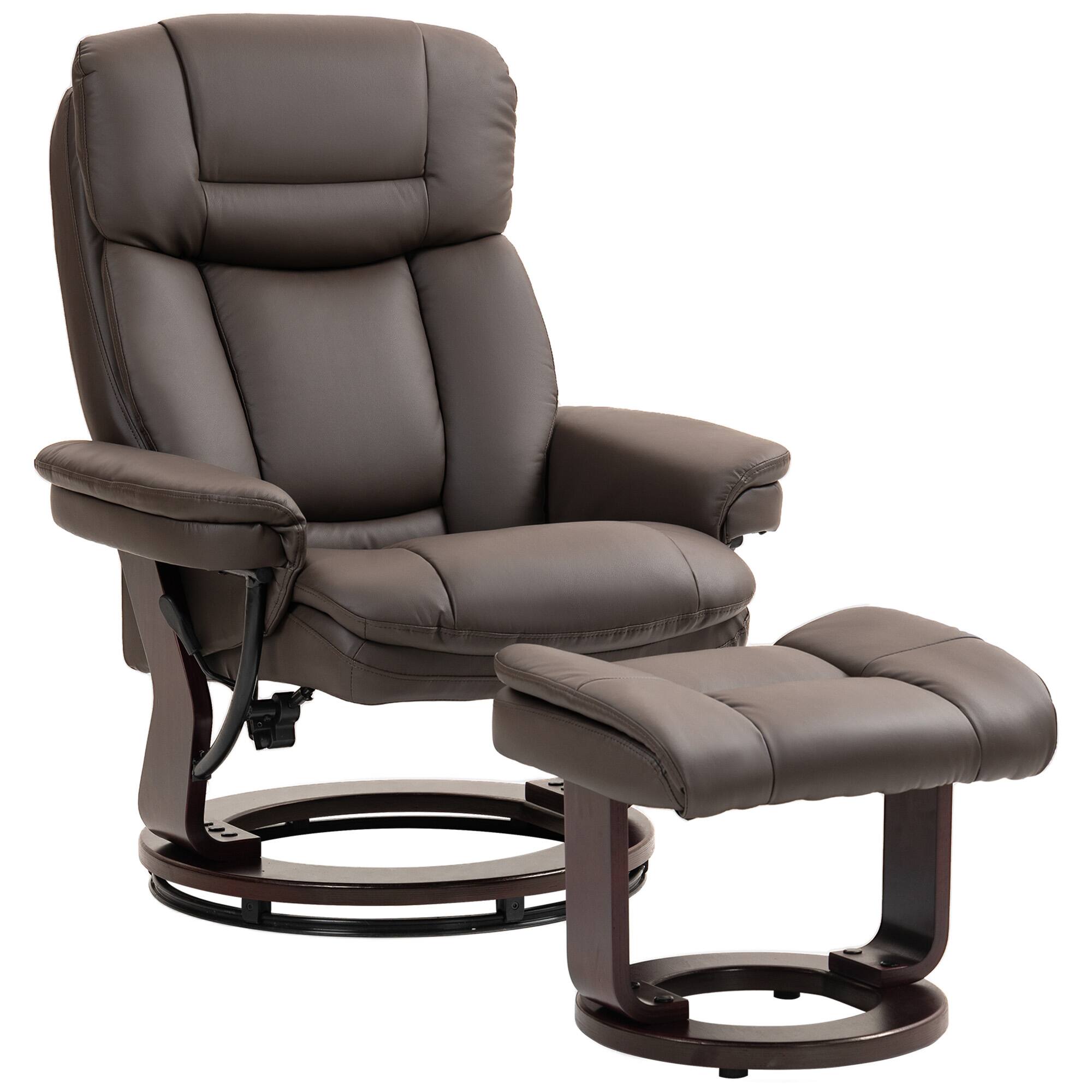Front. Homcom - Swivel Recliner w/Ottoman: PU Leather Adjustable w/Wood Base - Brown.