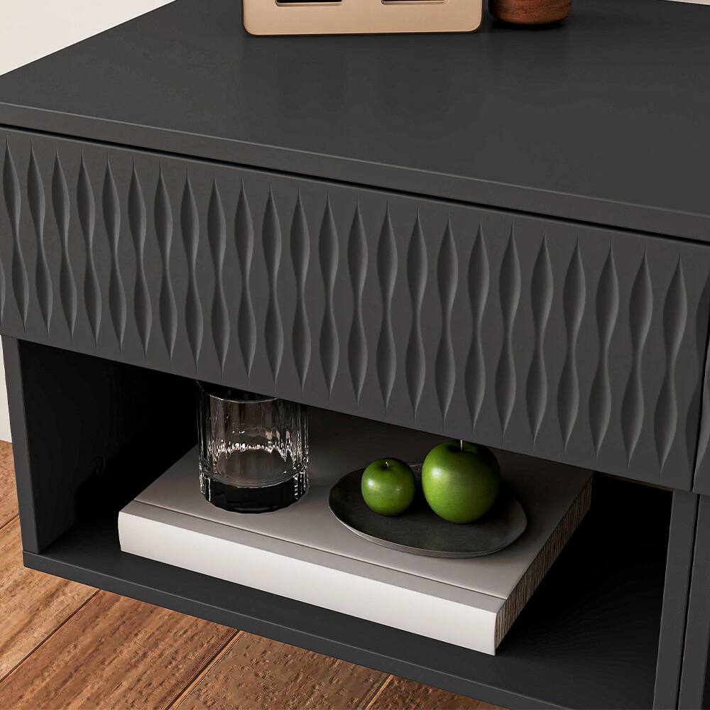Alt View 6. Spaco - Spaco Set of 2 Floating Nightstands with Carved Surface, 2 Drawers, Open Shelf, Space Saving and Anti-Shake Hardware - Black.