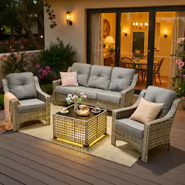 Ovios - 4 PCS Patio Furniture Set 3 Seat Comfy Sofa All-Weather Wicker Armchairs with Coffee Table - Dark Gray