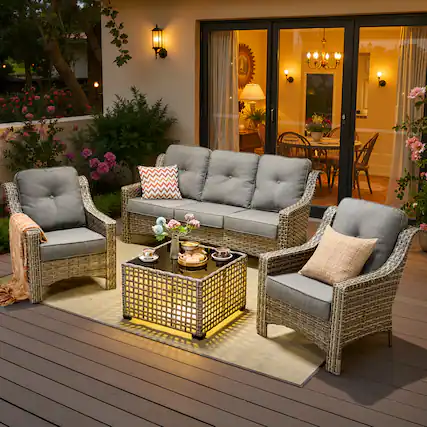 Front. Ovios - 4 PCS Patio Furniture Set 3 Seat Comfy Sofa All-Weather Wicker Armchairs with Coffee Table - Dark Gray.