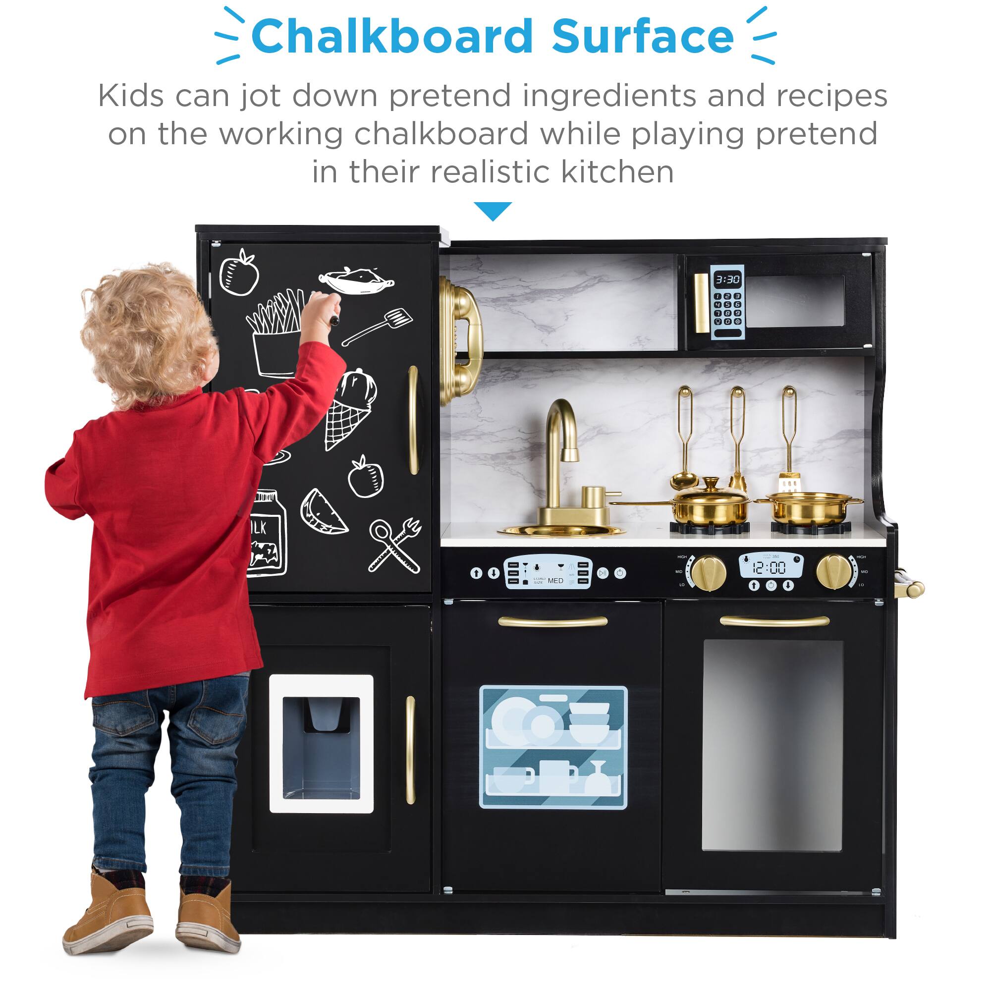 Chalkboard Surface

Kids can jot down pretend ingredients and recipes on the working chalkboard while playing pretend in their realistic kitchen.