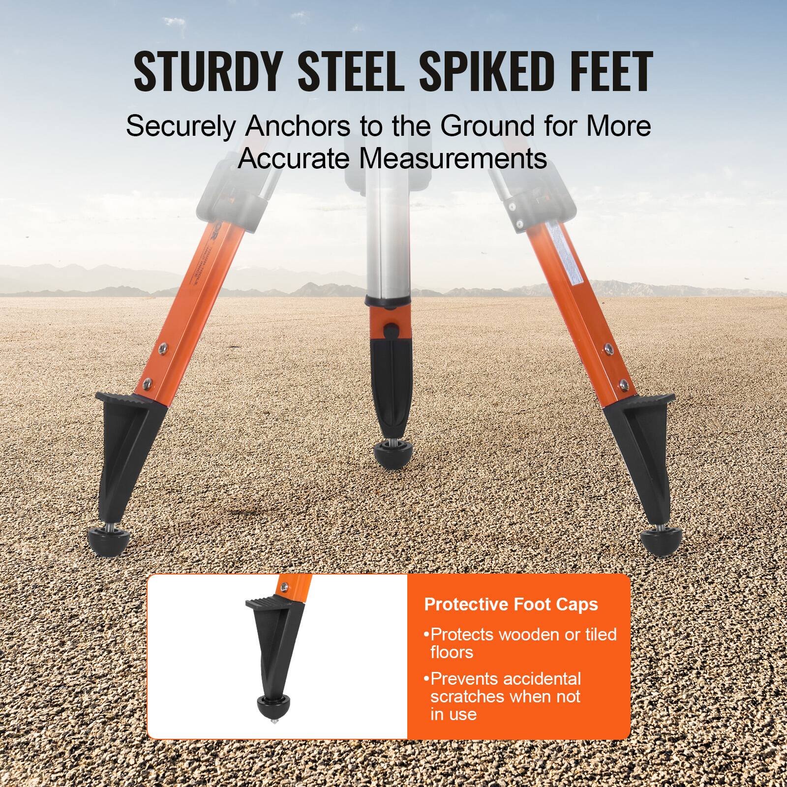 STURDY STEEL SPIKED FEET  
Securely Anchors to the Ground for More Accurate Measurements  

Protective Foot Caps  
- Protects wooden or tiled floors  
- Prevents accidental scratches when not in use